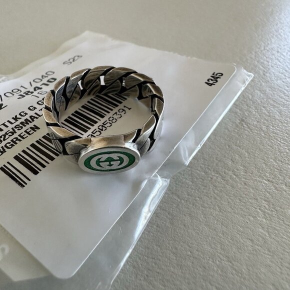 NEW GUCCI INTERLOCKING RING SILVER GG LOGO GREEN Chain Sz 13 IT 6.5 US Enamel - Picture 6 of 8